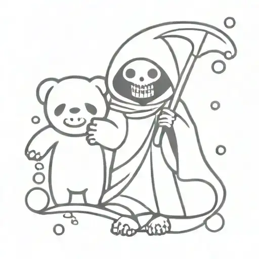 grim reaper holding a teddy bear surrounded by bubbles chibi  tattoo design idea
