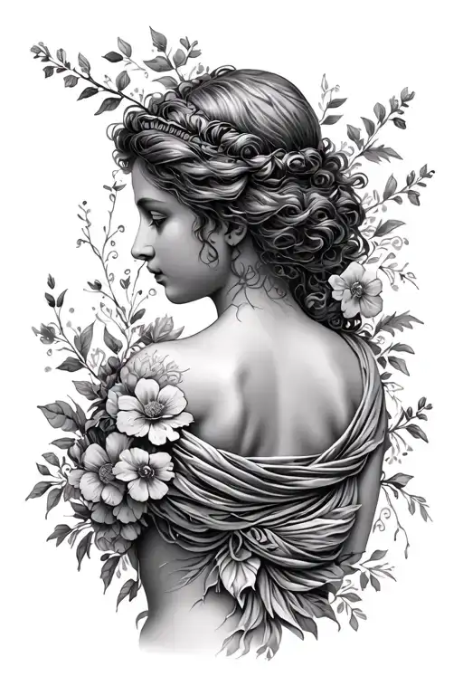 Aphrodite statue-esque, floral pieces, on back. divine feminine" down the back, slightly askew to the right of the spine tattoo design idea