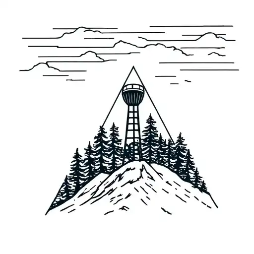 gravity falls, water tower, triangle background, treeline behind, no shading, tower protruding from background, mountain tattoo design idea