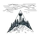 gravity falls, water tower, triangle background, treeline behind, no shading, tower protruding from background, mountain tattoo design idea