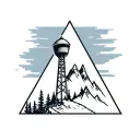 gravity falls, water tower, triangle background, treeline behind, no shading, tower protruding from background, mountain tattoo design idea