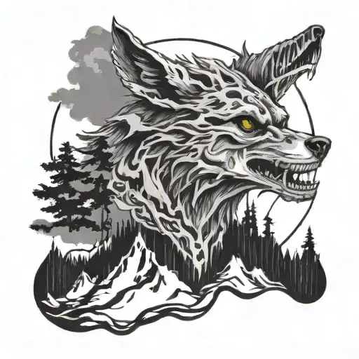 skull mountain smoke wolf howling at the moon tattoo design idea