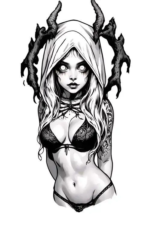 Sexy Pale Girl, Petite, Big Boobs, Wide Hips, G-string, Sexual.... on hood, white eyes, druid tattoo design idea