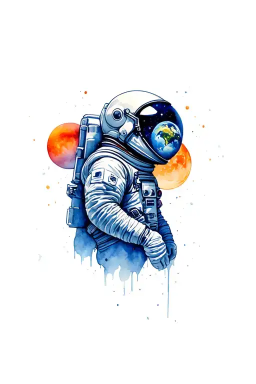 astronaut with helmet reflecting earth with 2 suns behind him in galaxy tattoo design idea