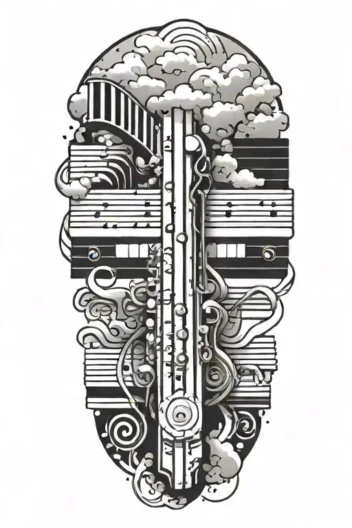 forearm sleeve of piano keyboard intertwined with music staff of 4 bars of music with clouds as filler tattoo design idea