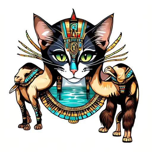 Egyptian cat woman mirage with lagoon and camels tattoo design idea