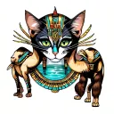 Egyptian cat woman mirage with lagoon and camels tattoo design idea