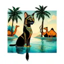Egyptian cat woman mirage with lagoon and camels tattoo design idea