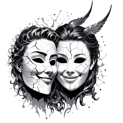 I want a Gemini half sleeve , with two masks (cracked) , one happy and one , with a 11:58am June 4 , 2004 tattoo design idea