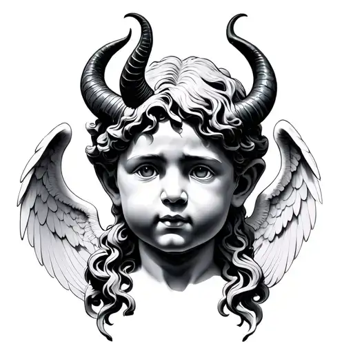 Double Greek Statue style childish face with realistic details, horn and demon wings on the left, wing and Aureola D’Ang tattoo design idea