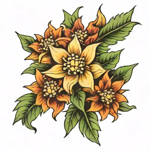 Draw a tattoo about leaving the military and embracing the surf lifestyle. Include an edelweiss in the drawing tattoo design idea