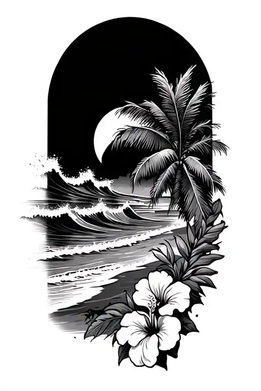 ocean waves crashing on beach with palm and hibiscus vine on bottom right tattoo design idea