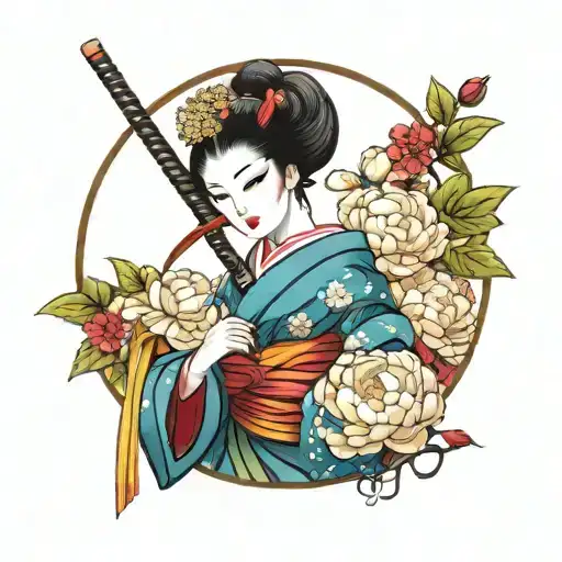An elegant geisha holding a bouquet of peonies with a hidden katana in her obi tattoo design idea