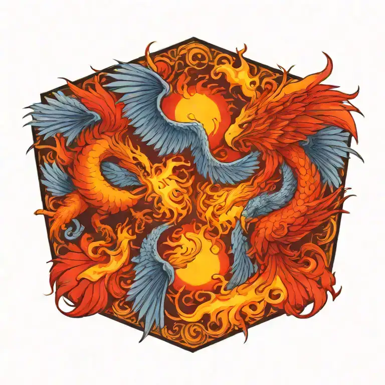 dragon and phoenix flying on both sides of a burning sun tattoo design idea