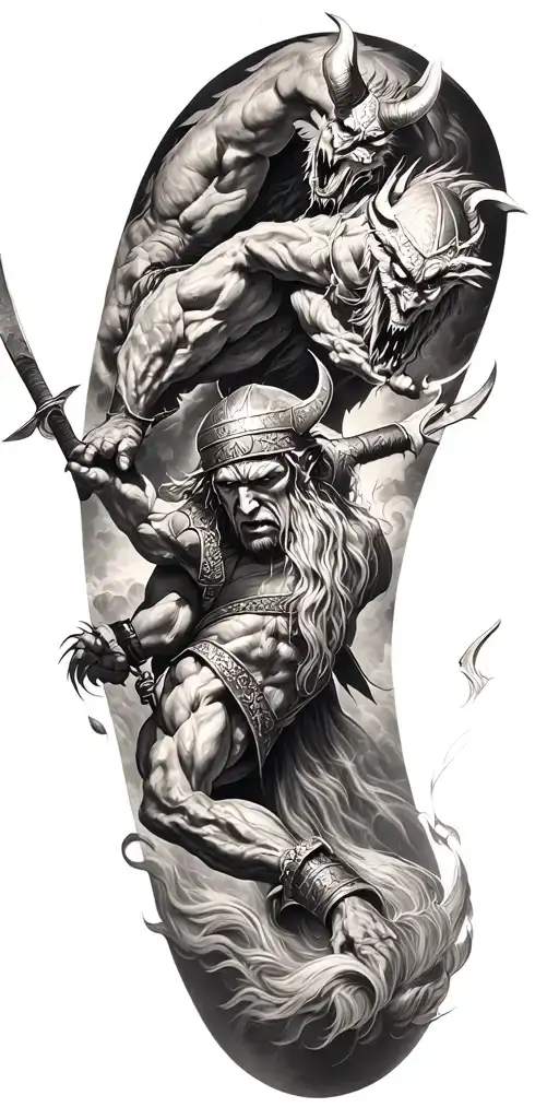 A Viking warrior battling a devil in a fierce showdown tattoo design idea