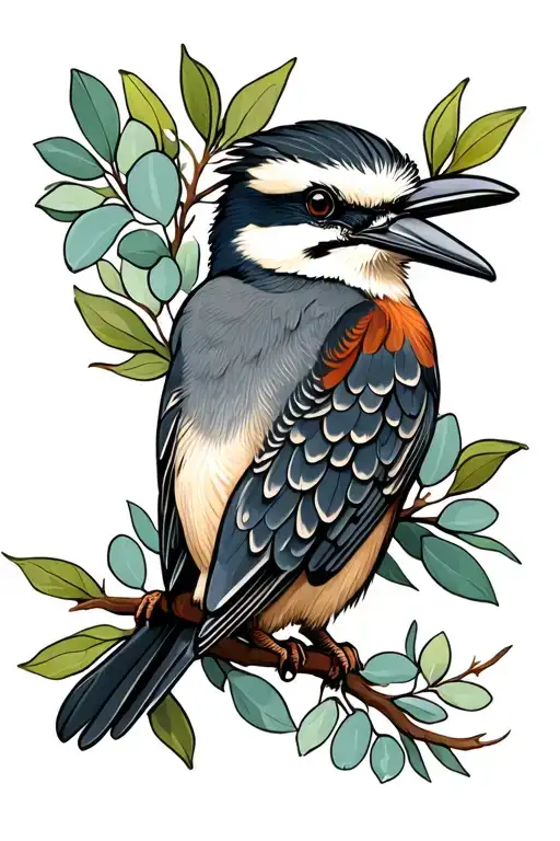 kookaburra and eucalyptus leaves tattoo design idea