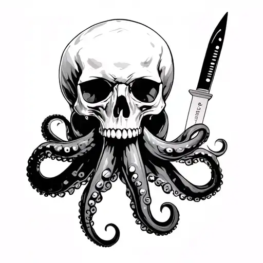 Octopus wrapped around a skull with a regualtor and scuba diver near it. knife held by the diver, all underwate affects tattoo design idea