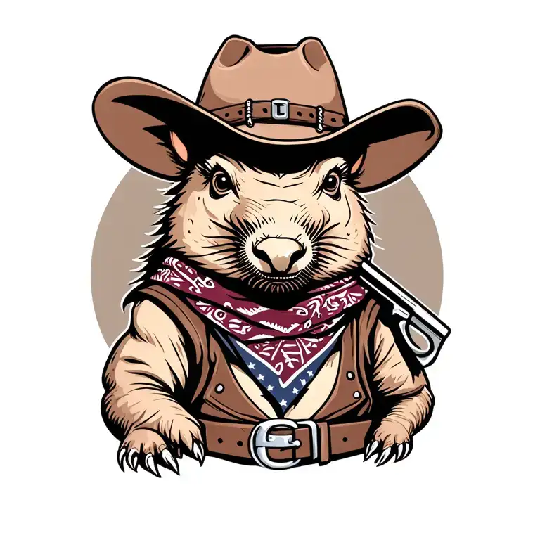 Armadillo with a cowboy hat, bandana around neck, and a gun belt tattoo design idea