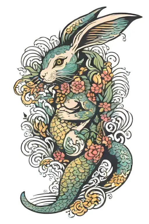 naughty bunny mermaid morphed mix pineapple palm trees waves  tattoo design idea