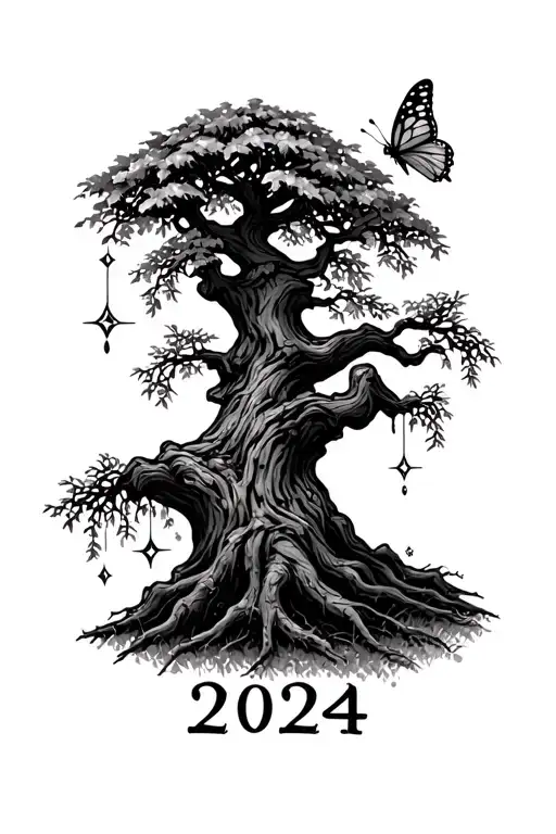 a small and simple willow tree with a butterfly on the branch with sparkles around the tree and "2024" under the tree tattoo design idea