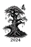 a small and simple willow tree with a butterfly on the branch with sparkles around the tree and "2024" under the tree tattoo design idea