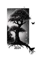 a small and simple willow tree with a butterfly on the branch with sparkles around the tree and "2024" under the tree tattoo design idea