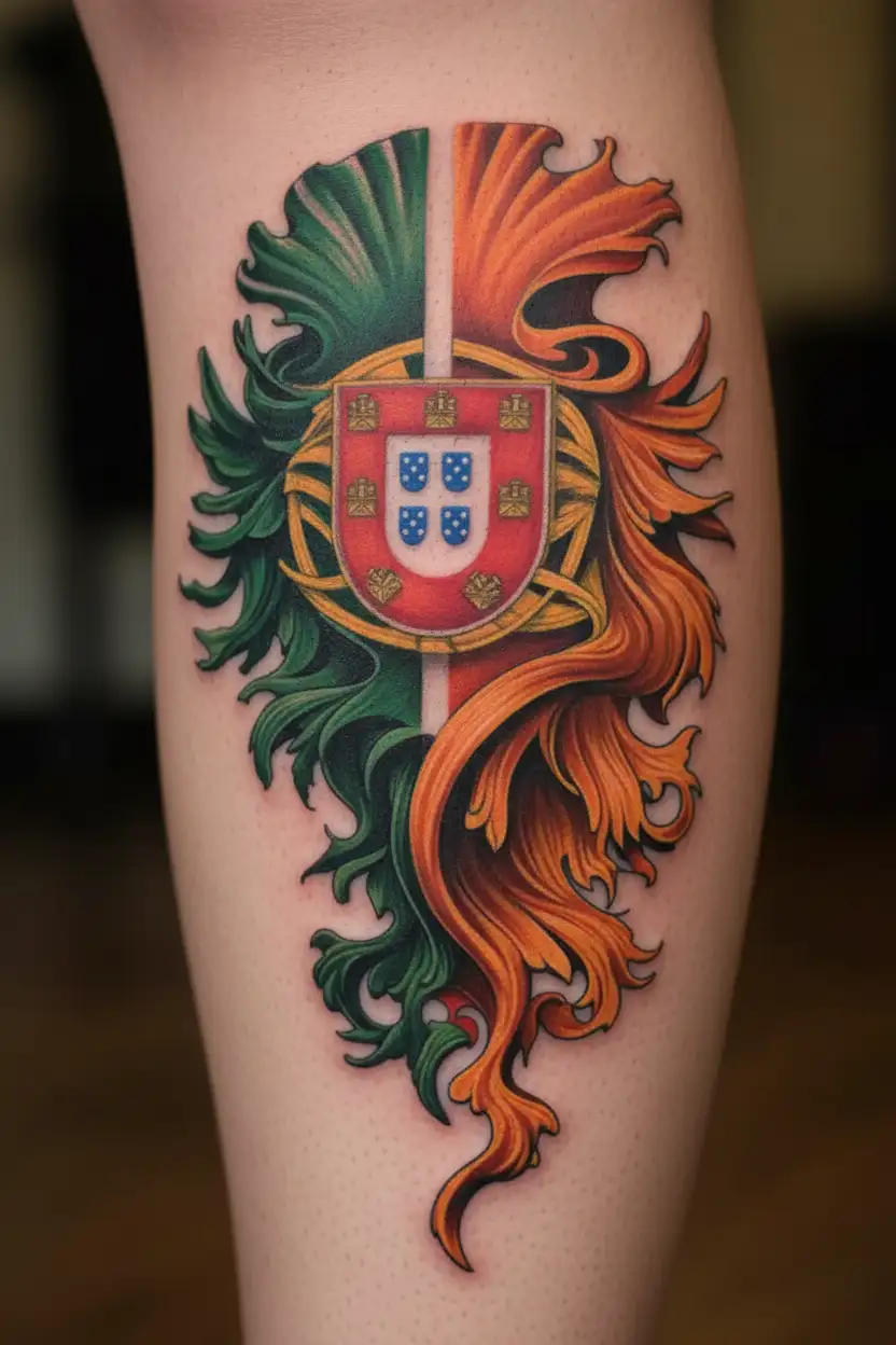 Portuguese and Irish flag morphing tattoo design idea