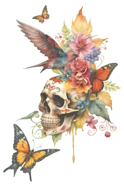 Collage with sugar skull at the center and a windmill, hummingbird, monarch butterfly, and cardinal around the edges.  tattoo design idea