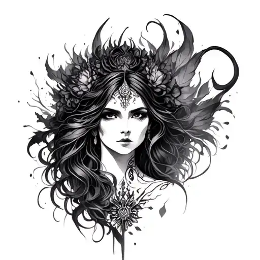 dark goddess moody feminine tattoo design idea