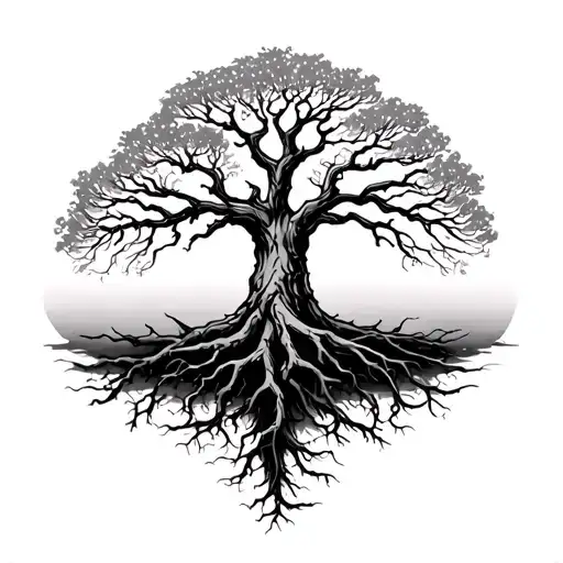 bare branches on a tree and roots that ext nd below tattoo design idea