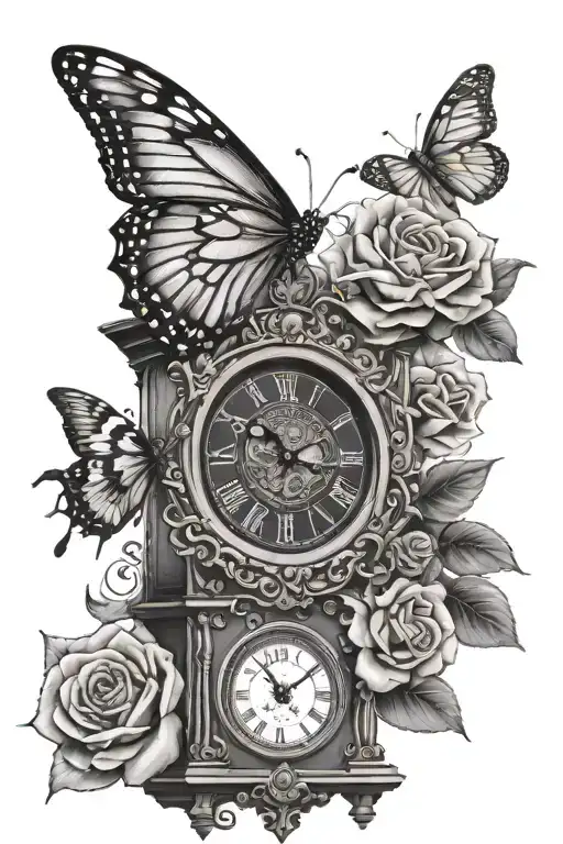 grandfather clock with a rose on each side and monarch butterflier tattoo design idea