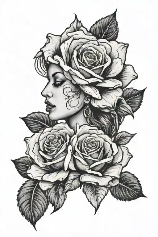 roses and woman face tattoo design idea
