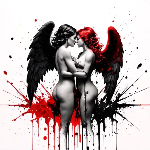 two mostly nude angels one light one dark embracing tattoo design idea