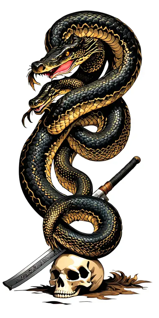 black and gold anaconda rolling around a japanese katana. the katana is stuck into a human skull on the ground tattoo design idea