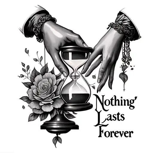 "Nothing Lasts Forever " hourglass tattoo counting down with two hands reaching for eachother on opposite sides tattoo design idea