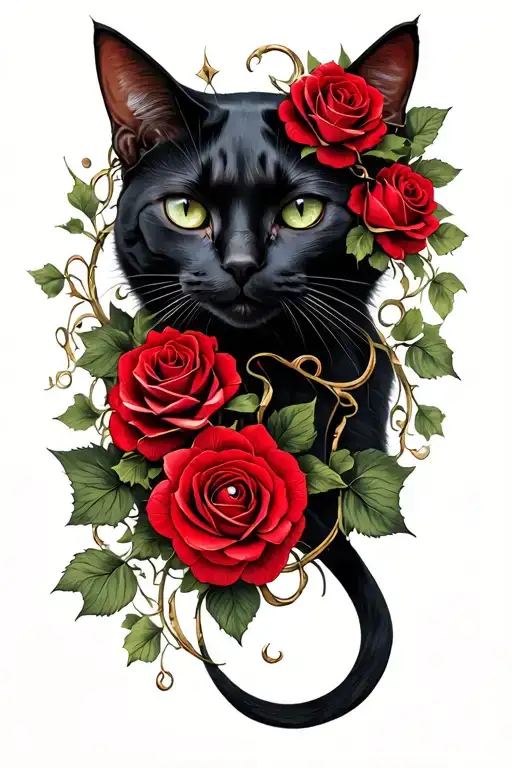 Gothic design, black cat, red roses intertwined, vines tattoo design idea