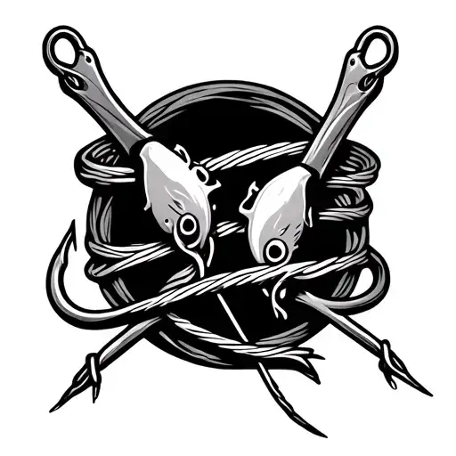 band style tattoo with two fishing hooks connecting and have fishing line wrapped around tattoo design idea