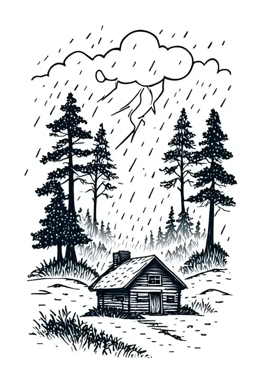 hygge drawing simple ladscape with thunderstorm and heavy rain with trees and woodcabin tattoo design idea