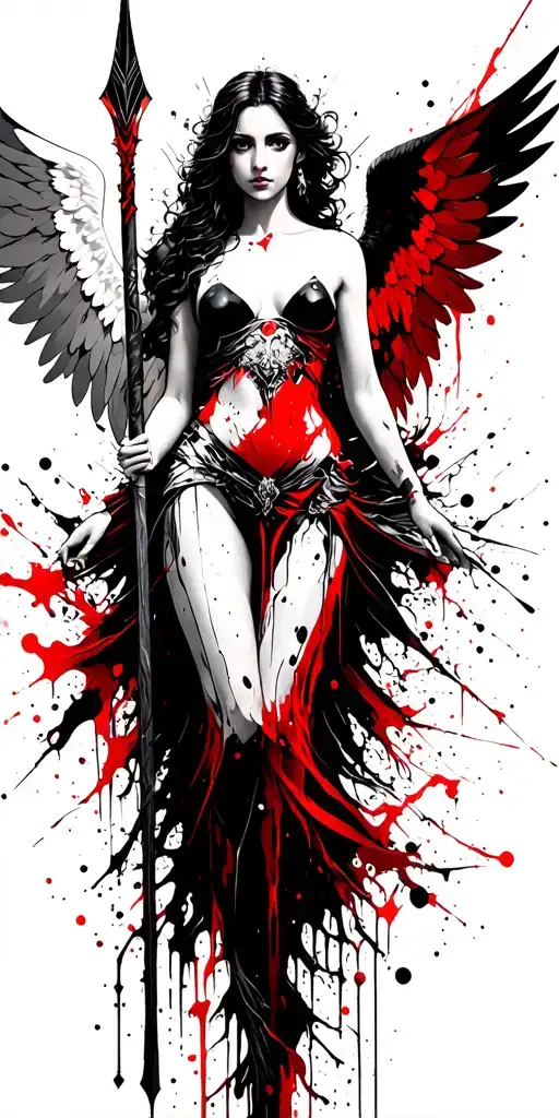 fantasy style female angel featuring spear, larger white wings tattoo design idea
