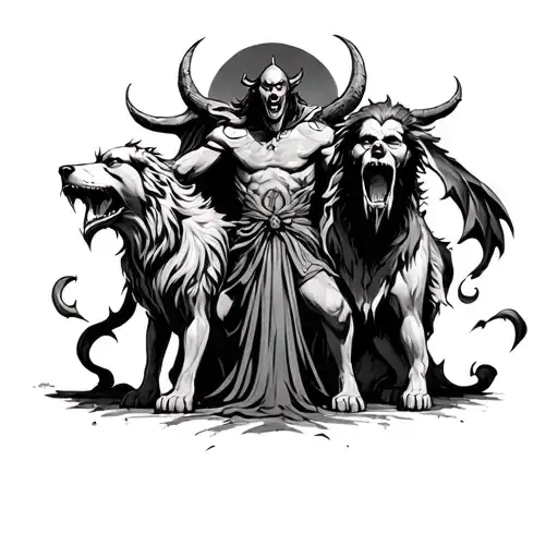 hades around the gates of hell next to cerberus  tattoo design idea