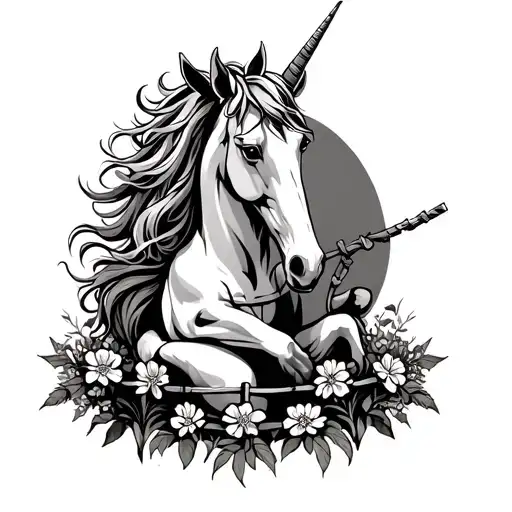 medieval unicorn kneeling down with a fence circling it and flowers intertwining tattoo design idea