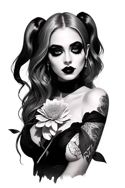 beautiful female portrait, holding a flower. hair like Harley Quinn. mysterious look tattoo design idea