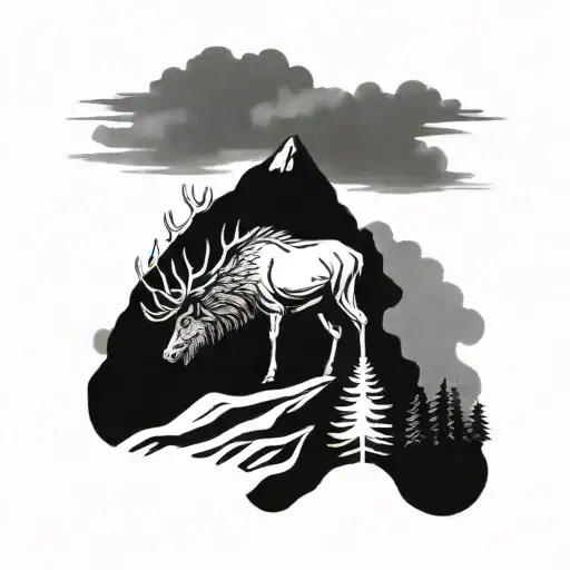 A majestic elk standing on a mountain peak tattoo design idea