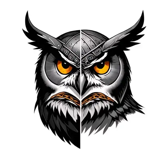 viking warrior half face, other half is an owl divided by a straight vertical line. black and grey with colour in eyes tattoo design idea