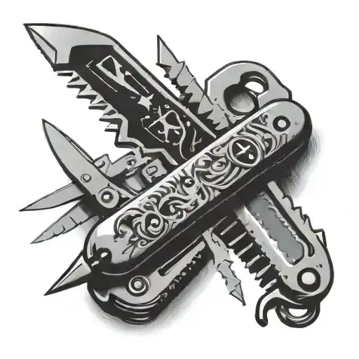 swiss army knife with esthetic tools tattoo design idea