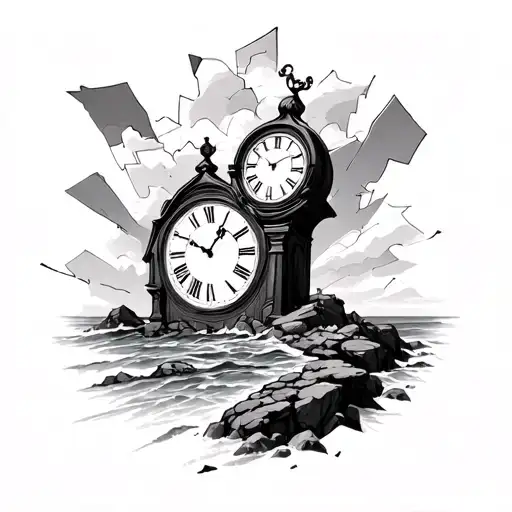 grandfather clock rocky shoreline shattered remains tattoo design idea