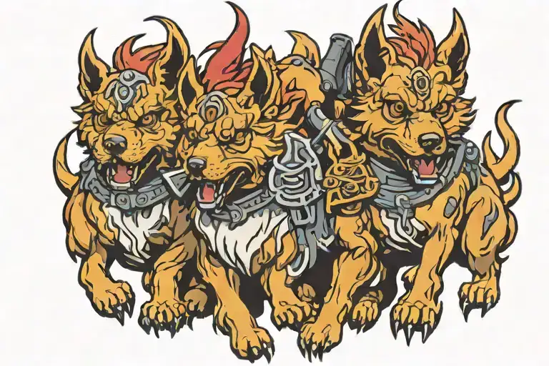 3 headed cerberus with a weapon being held tattoo design idea
