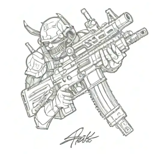 Smiling split open avacado holding a Colt AR-15 with a M203 Grenade Launcher attached tattoo design idea