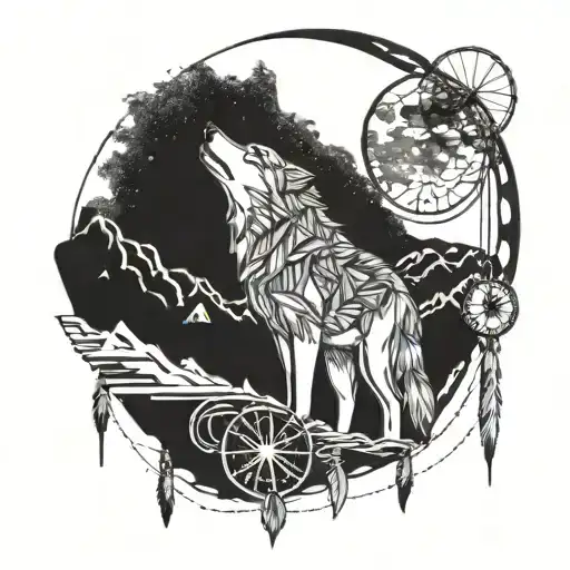A geometric wolf howling at the moon with a dreamcatcher hanging from its tail tattoo design idea