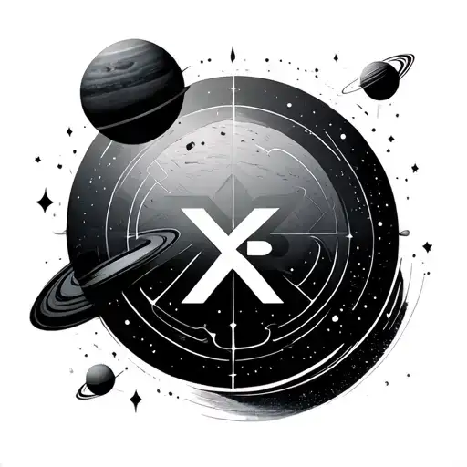 A fine-line black and grey tattoo featuring the XRP logo at the center, surrounded by a geometric circle with planetary  tattoo design idea